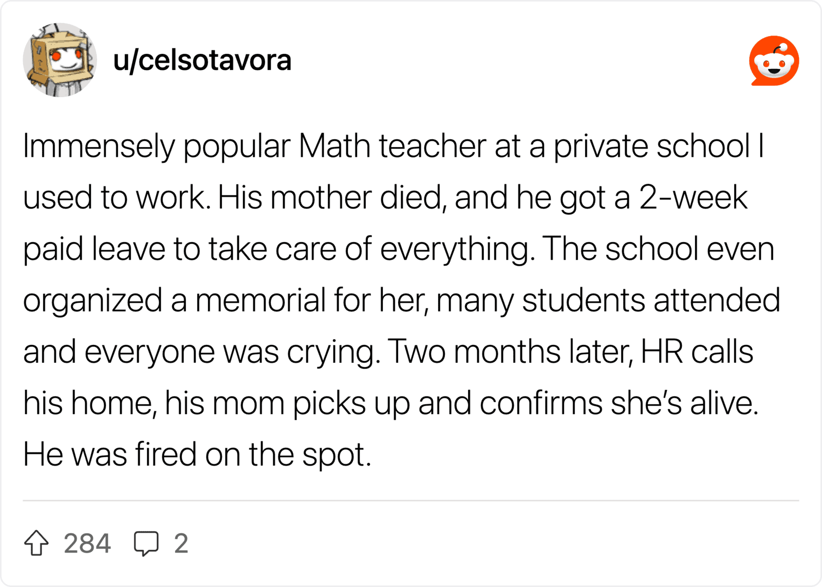 Math teacher fired after taking 2-week leave for his mother's memorial.