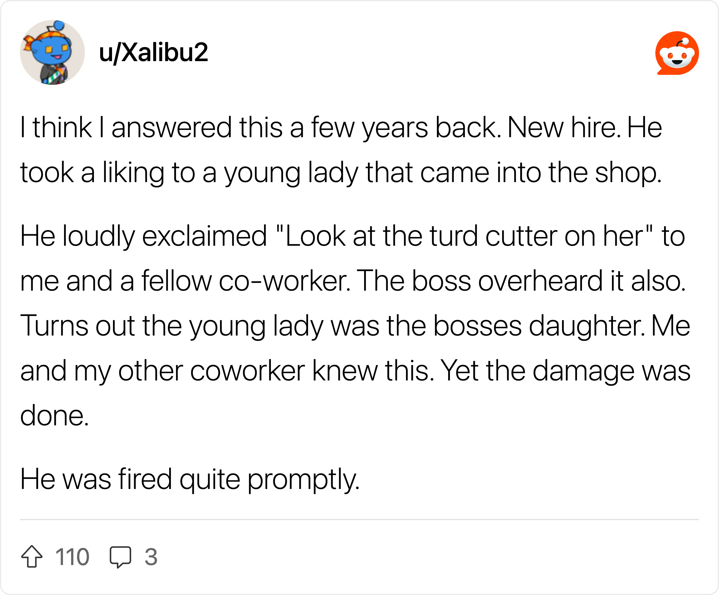 A Reddit comment about a workplace incident involving a young lady and her father.