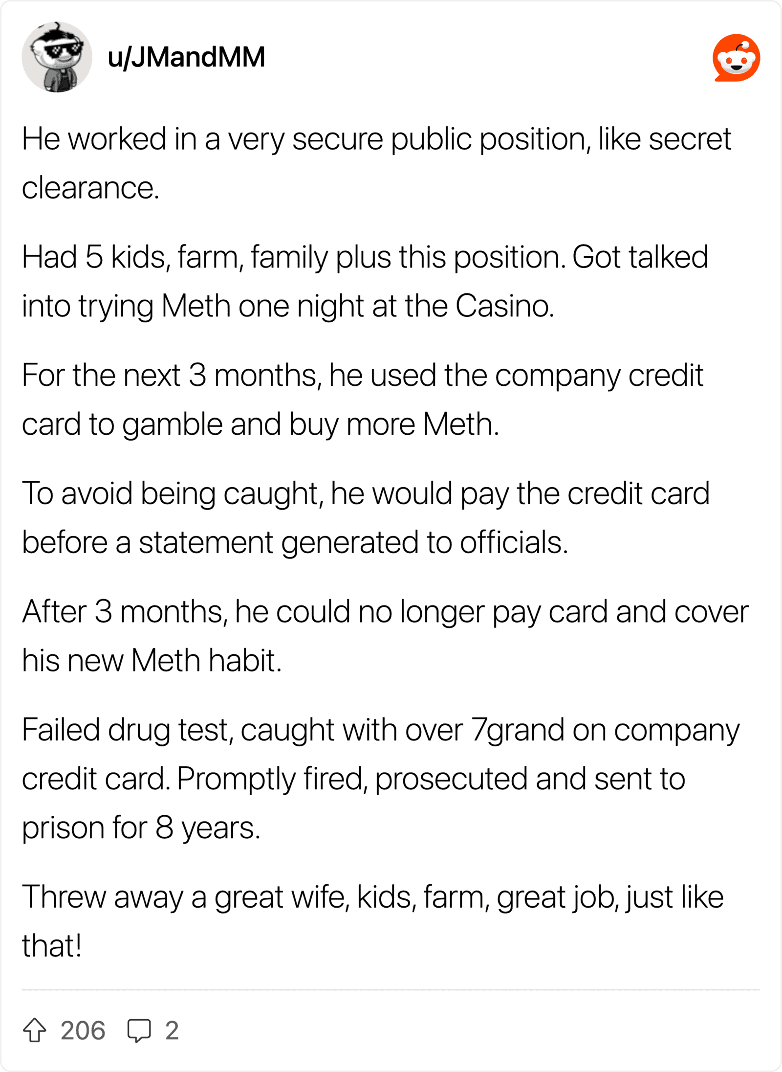 Story of employee fired for drug use after gambling with company credit card.