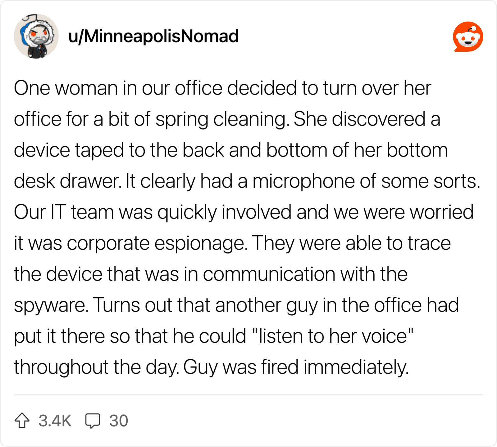 Woman discovers device taped to her desk drawer, leading to her firing.