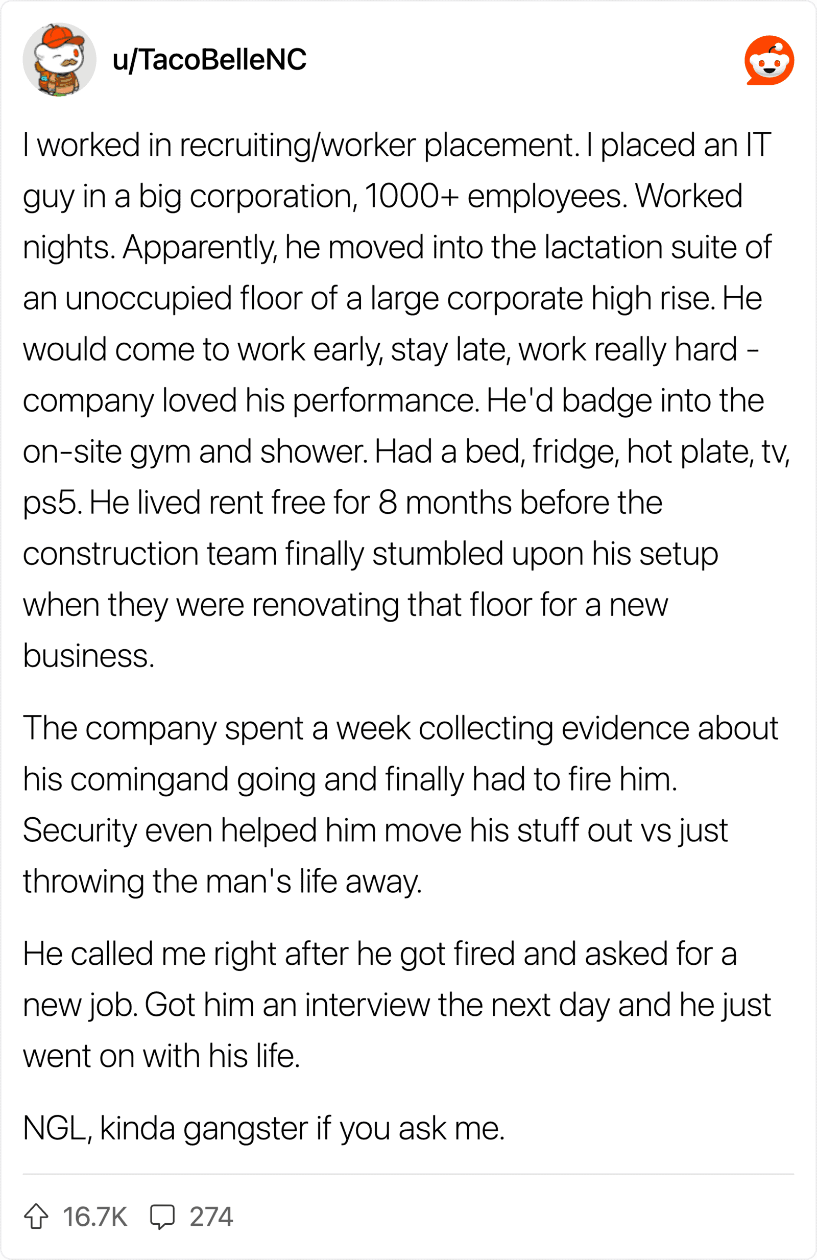 Story of an employee fired after working in recruiting and IT at a large corporation.