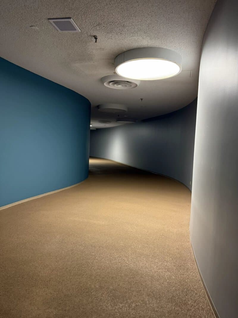 Curved hallway with blue and gray walls and circular ceiling lights.
