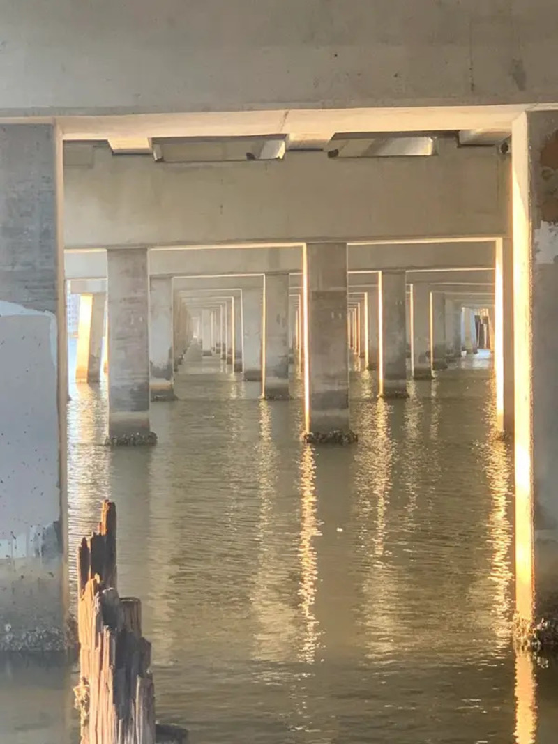Underwater view of a concrete bridge with multiple supports reflected in water.
