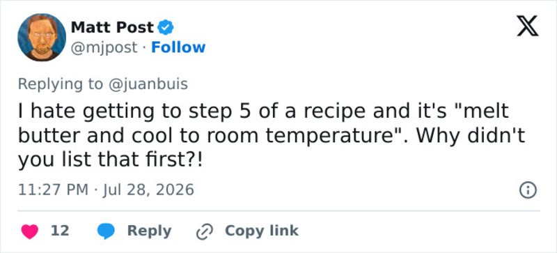 Twitter reply about recipe steps mentioning melt butter and room temperature.