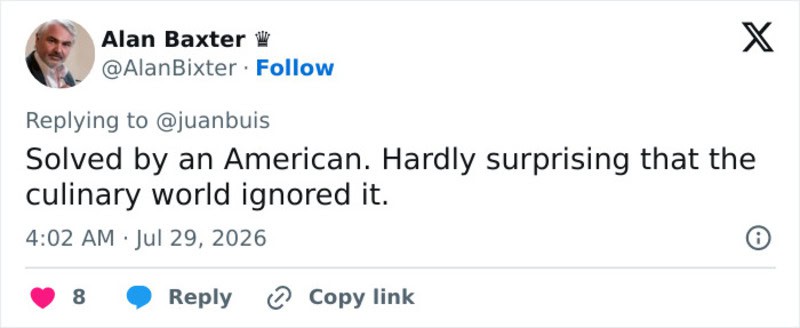 Tweet by Alan Baxter about a culinary discovery ignored by the culinary world.