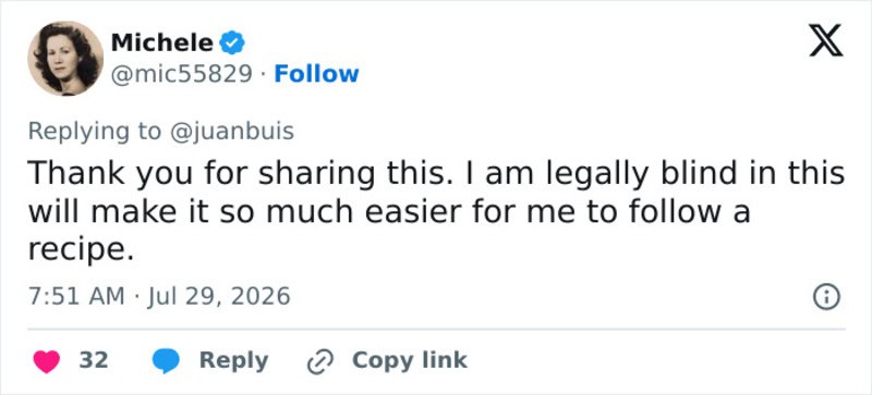 Twitter reply from Michele thanking for sharing, mentions being legally blind.