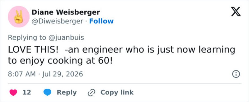 Screenshot of a tweet praising an engineer learning to cook at 60.