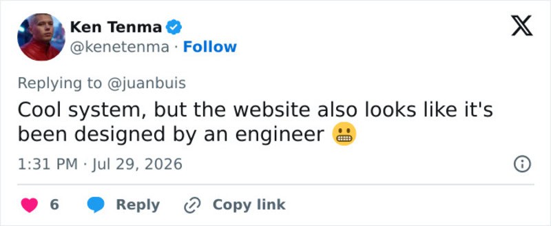Ken Tenma's tweet about website design, dated July 29, 2026.