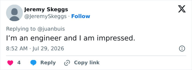 Twitter reply from Jeremy Skeggs saying he's an engineer and impressed.