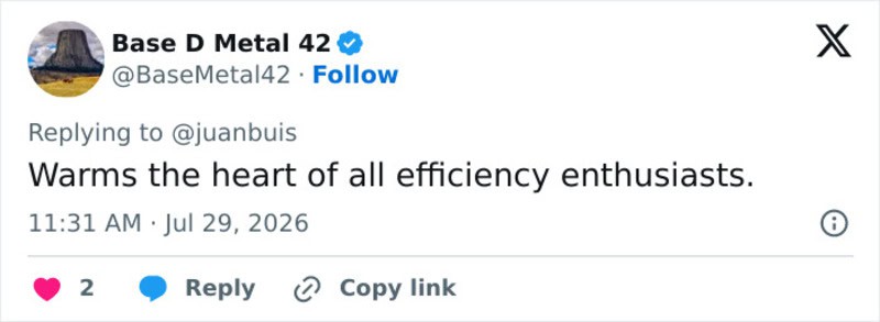 Base D Metal 42 tweet: Warms the heart of all efficiency enthusiasts.