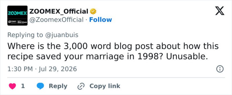 Zoomex Official tweet asking about a 3,000 word blog post on a recipe saving marriage in 1998.