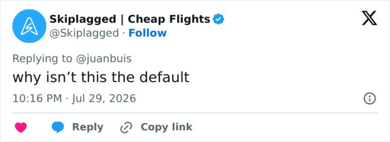 Screenshot of a tweet from Skiplagged asking why isn't this the default.