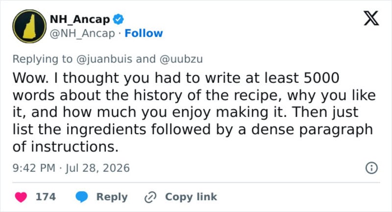 Twitter reply from NH_Ancap about writing 5000 words on recipe history and ingredients.