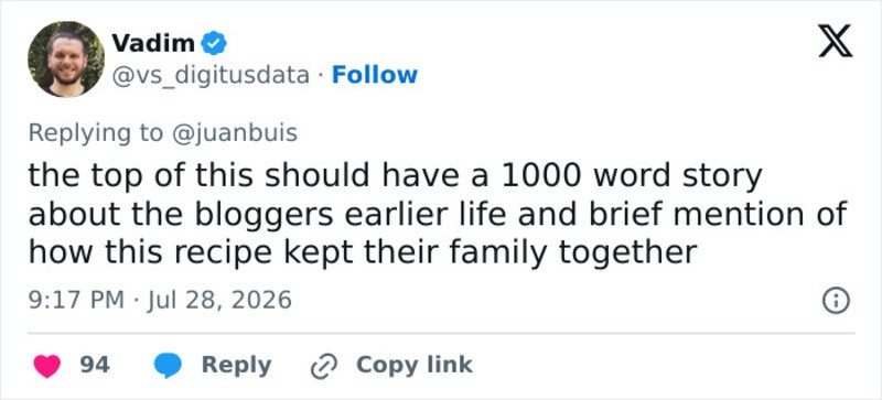 Screenshot of a Twitter reply by Vadim about a 1000-word story on bloggers' family life.