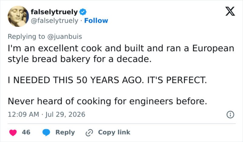 Screenshot of a tweet about a European style bread bakery, praising its perfection.