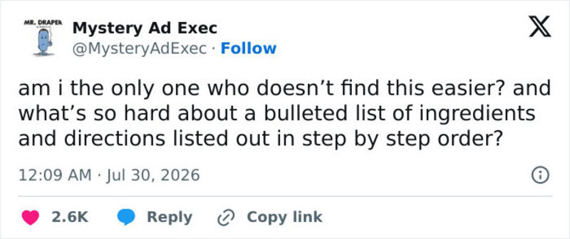 Mystery Ad Exec tweet about a bulleted list of ingredients and directions.