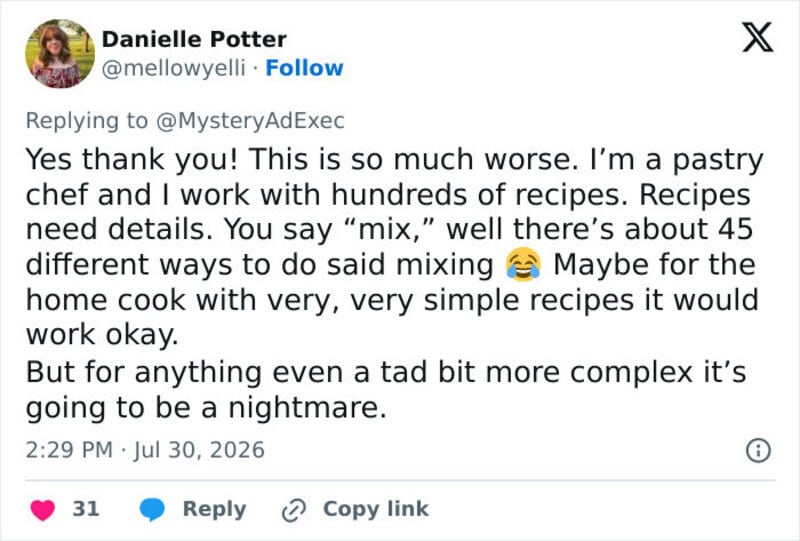Screenshot of a social media comment about a pastry chef's recipe experiences.