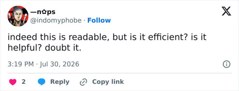 Twitter post questioning if readability is efficiency or helpfulness.