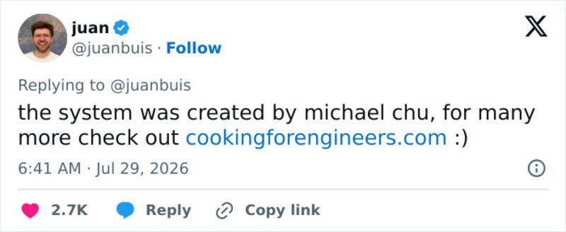 Tweet by juan about system created by Michael Chu with link to cookingforengineers.com.