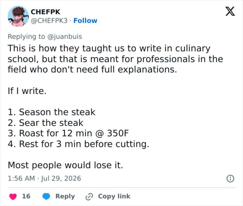 Screenshot of a social media post with cooking instructions for steak.