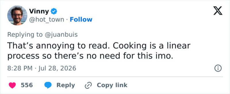 Screenshot of a tweet by Vinny criticizing a cooking process as unnecessary.