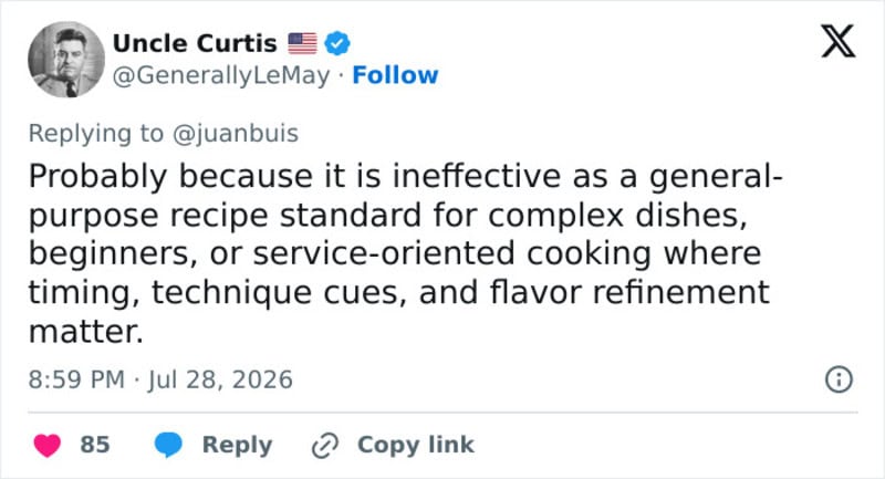 Screenshot of Uncle Curtis' tweet discussing recipe effectiveness and cooking techniques.