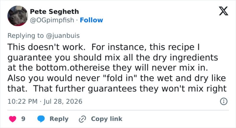 Screenshot of a tweet by Pete Segeth about a recipe mixing dry ingredients.