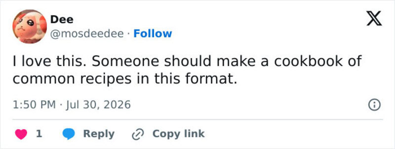 Screenshot of a tweet by Dee about a cookbook of common recipes.
