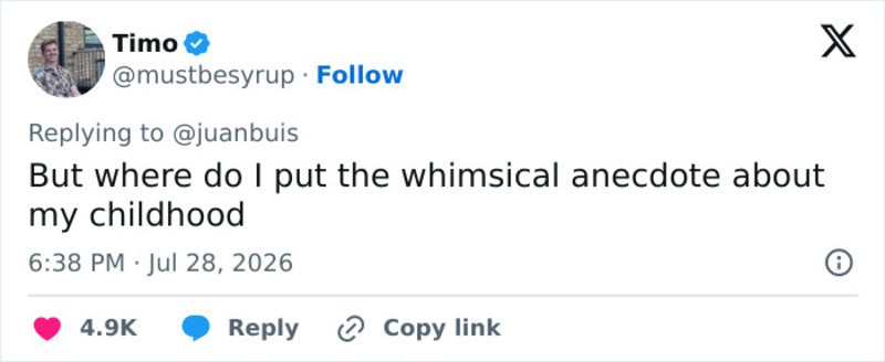 Screenshot of a tweet by Timo about childhood anecdotes.