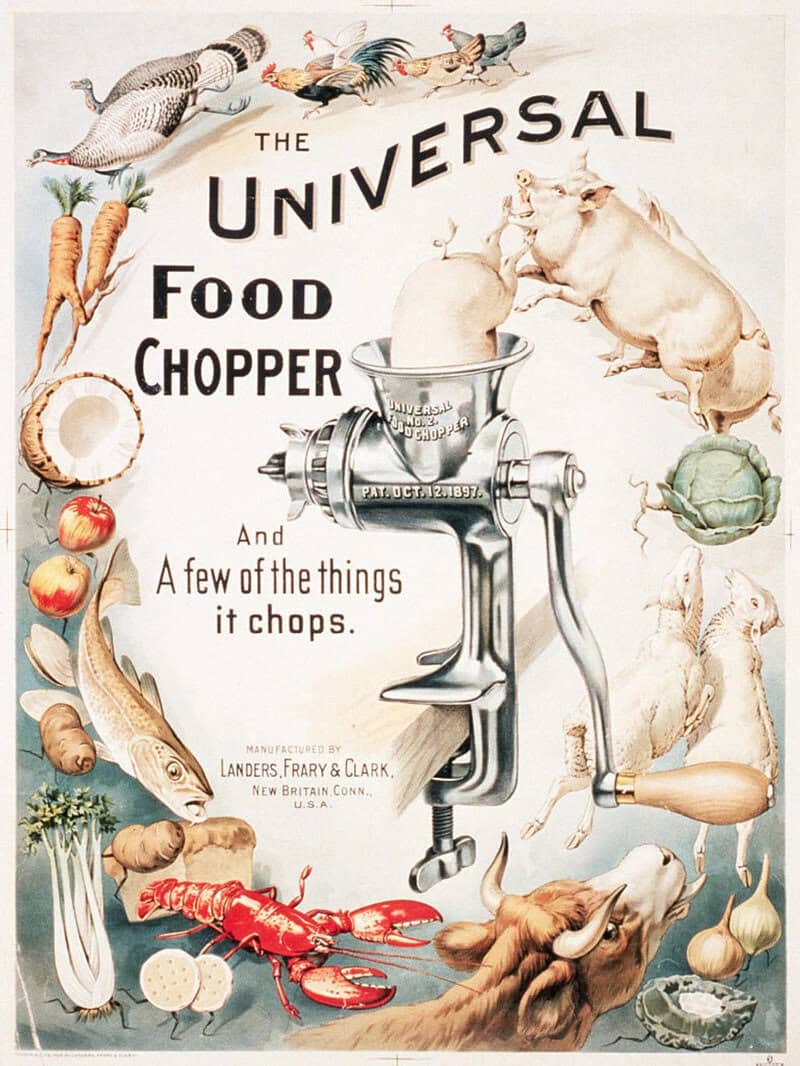 Vintage poster for The Universal Food Chopper with various animals and vegetables.