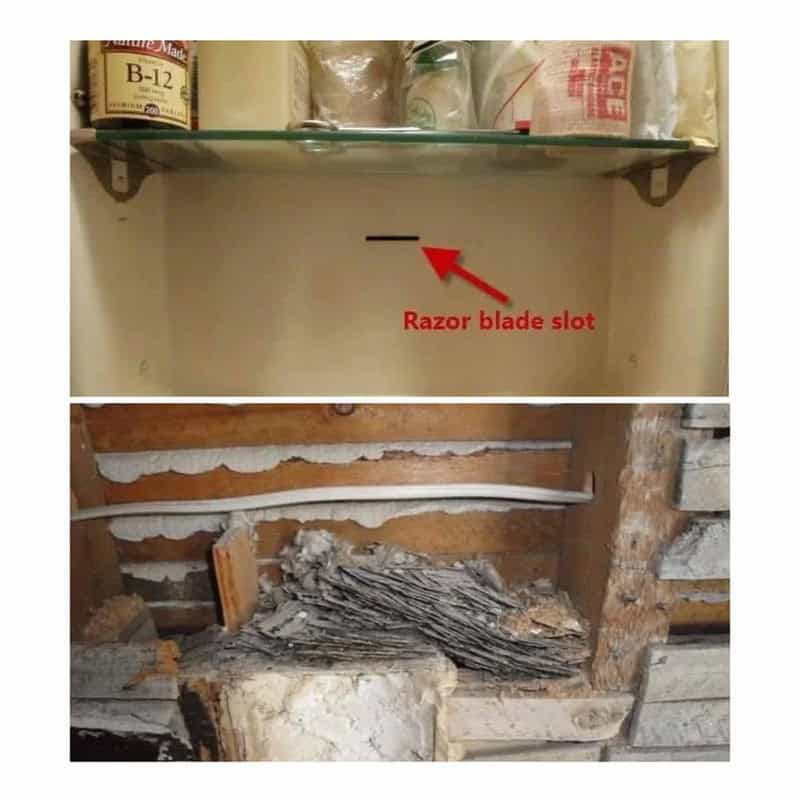 Two shelves with household items, one with a razor blade slot, the other with burnt debris.