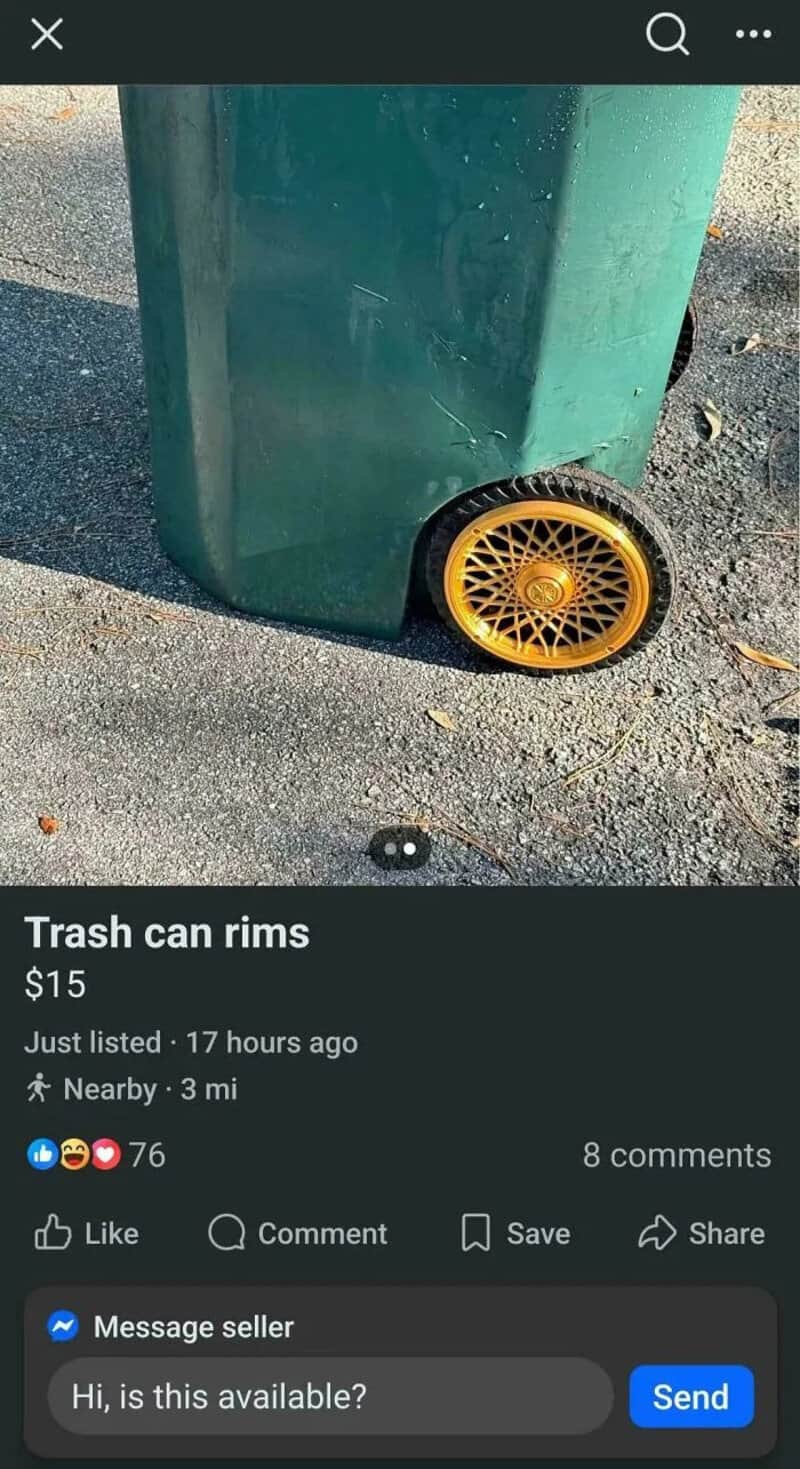Trash can with a yellow wheel as a rim on the ground nearby.