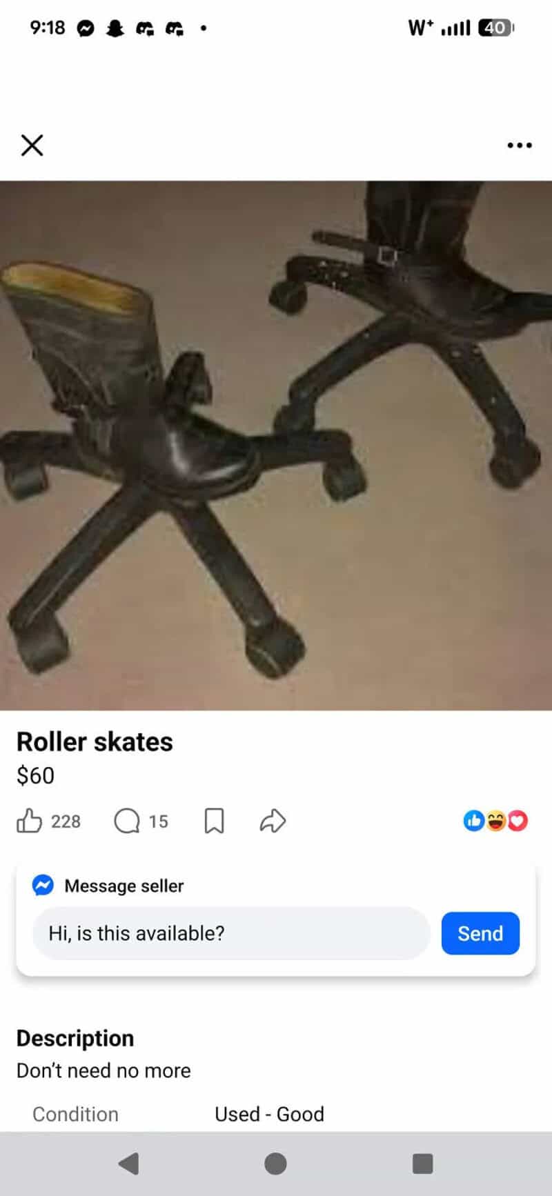 Two black roller skates with adjustable straps and wheels, used condition.