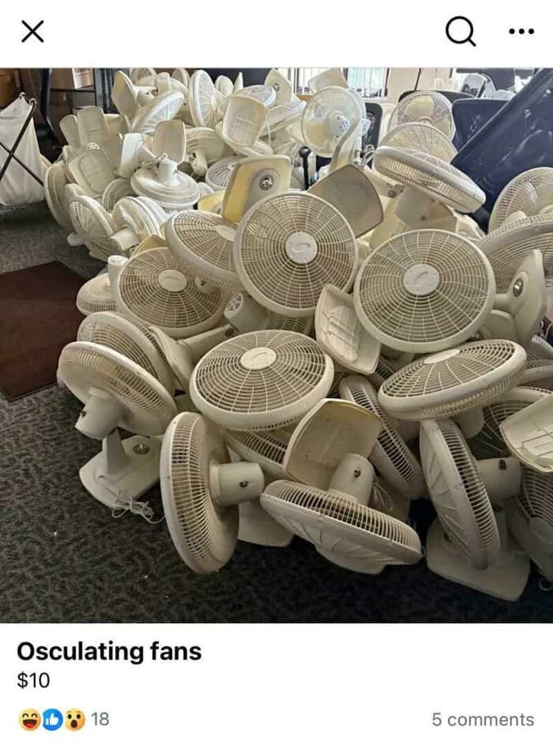 A large pile of white oscillating fans for sale at $10 each.