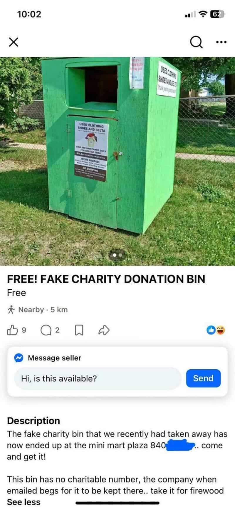 Green fake charity donation bin with a sign and a lock, located outdoors.