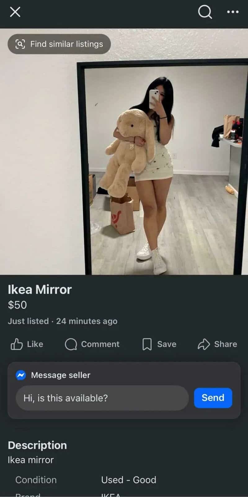 Full-body mirror selfie of woman holding a plush dog, wearing white shorts and top.