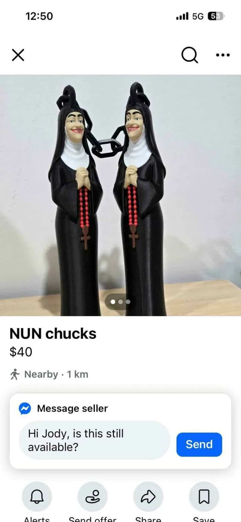 Two nun figurines with black habits and red rosaries, holding a chain between them.