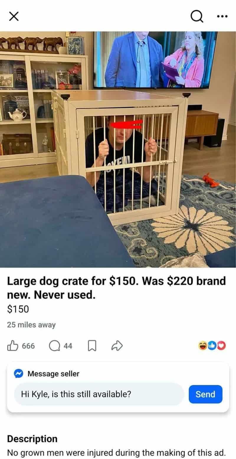 Large dog crate for $150, with a person inside it giving thumbs up.