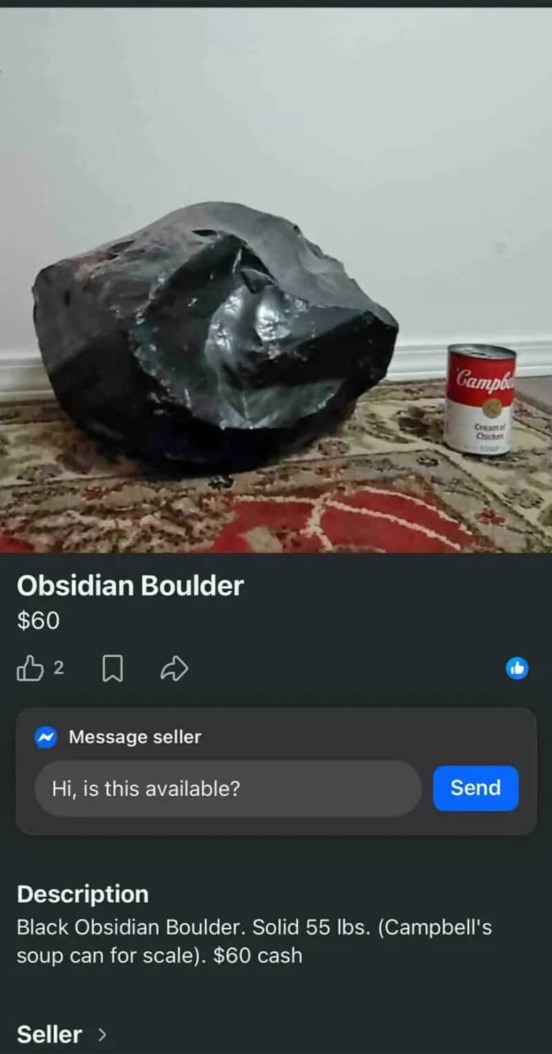 Obsidian boulder and Campbell's soup can for scale on a rug.