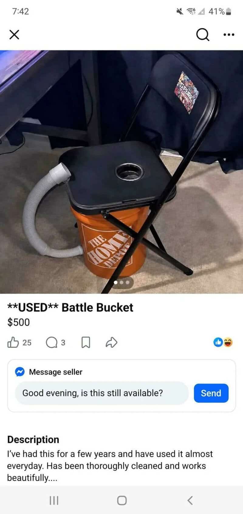 Used Battle Bucket with hose and chair, priced at $500.