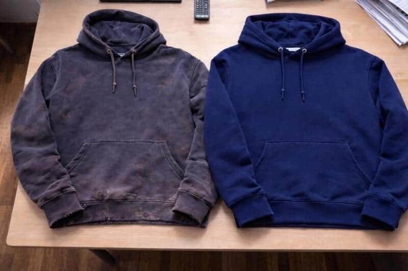 Two hoodies, one worn and faded, the other new and navy blue, on a wooden table.
