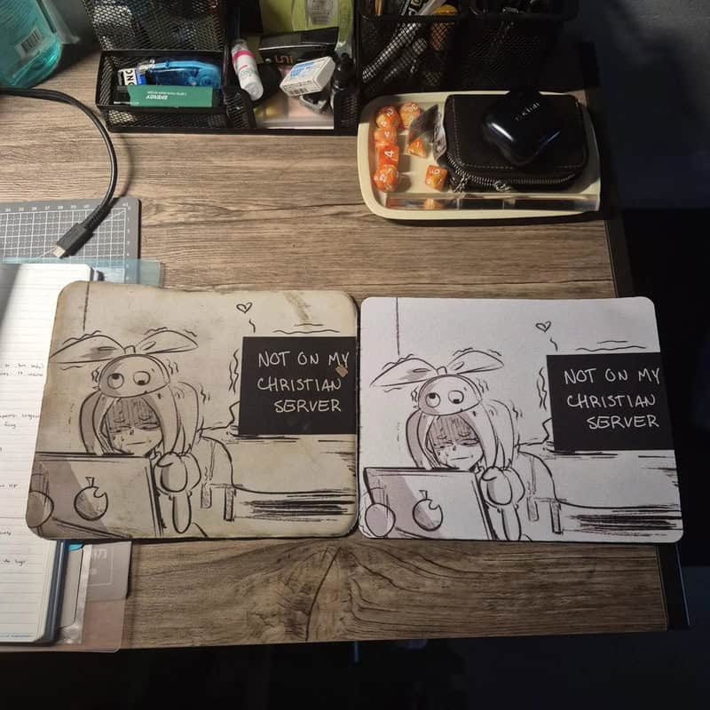 Two sketches of a girl with a pig hat and a sign saying 'Not on my Christian server' on a desk.