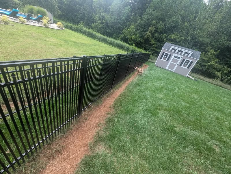 Fenced backyard with a small shed, lawn chairs, and trees in the background.