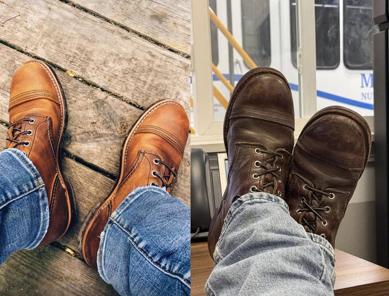 Two pairs of worn leather boots, one light brown and one dark brown, on different surfaces.