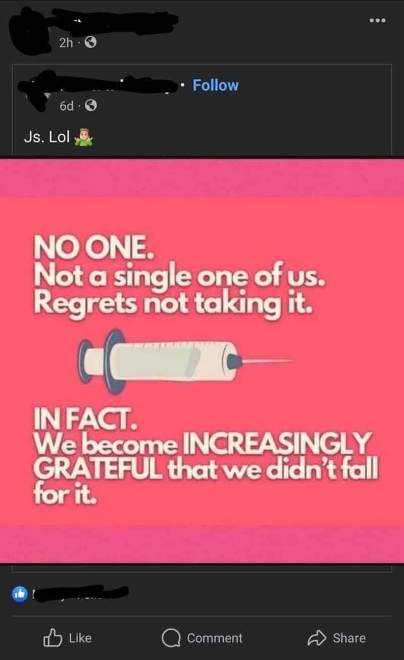 Social media post with a syringe illustration and text about regret and gratitude.