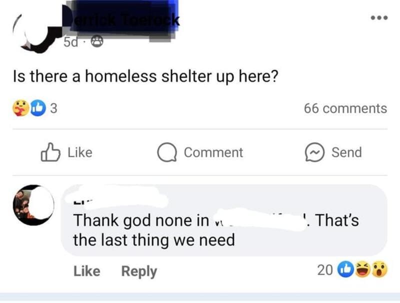 Facebook post asking about a homeless shelter, with a comment about not needing one.
