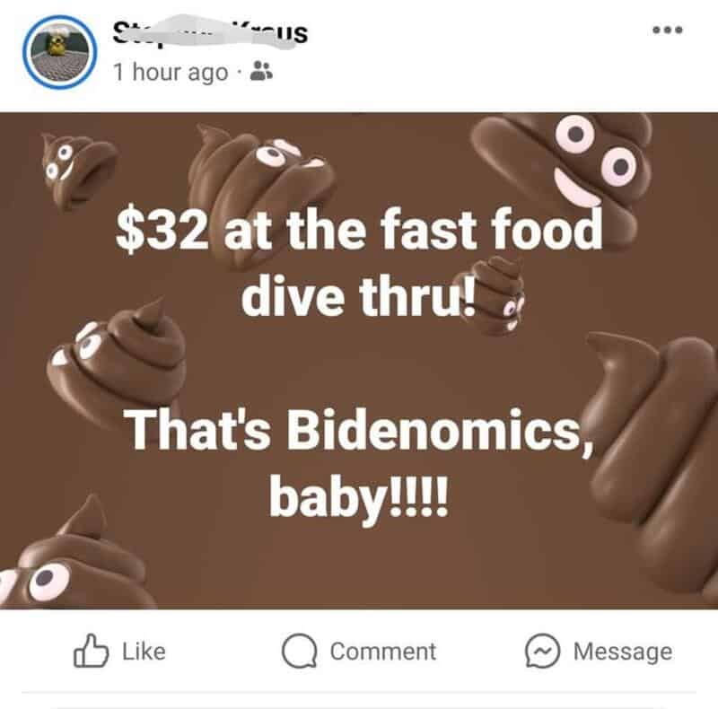 Social media post about $32 fast food dive thru with poop emoji images.