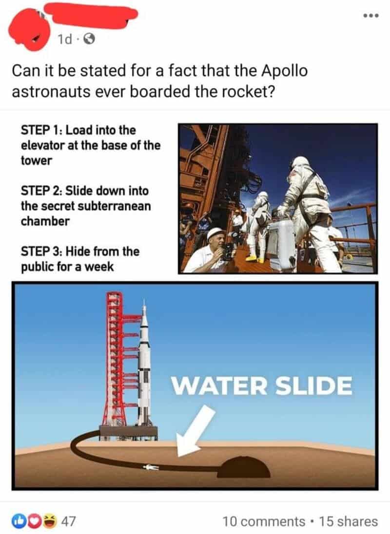Humorous post about Apollo astronauts boarding a rocket with a water slide image.