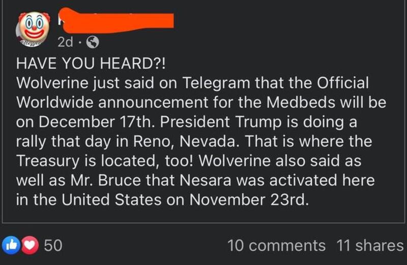 Social media post claiming Wolverine announced Medbed release on Telegram and Trump rally in Reno.