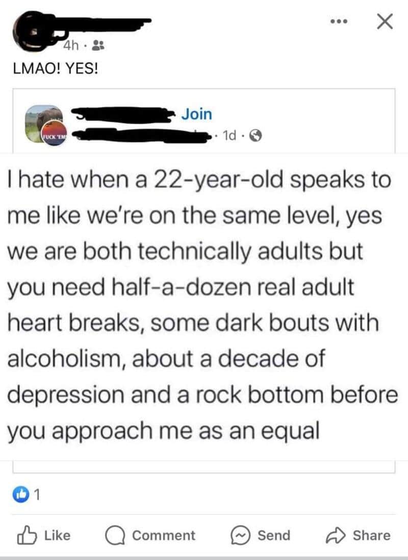 A social media post expressing frustration about a 22-year-old's attitude.